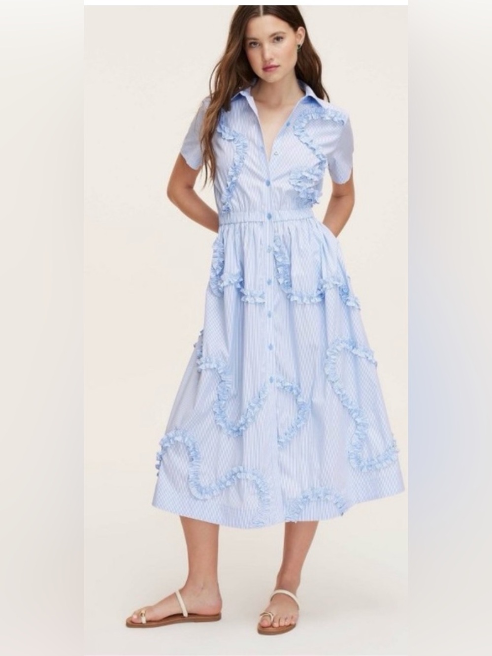 Kate Spade Light Blue Striped Ruffle Shirtdress